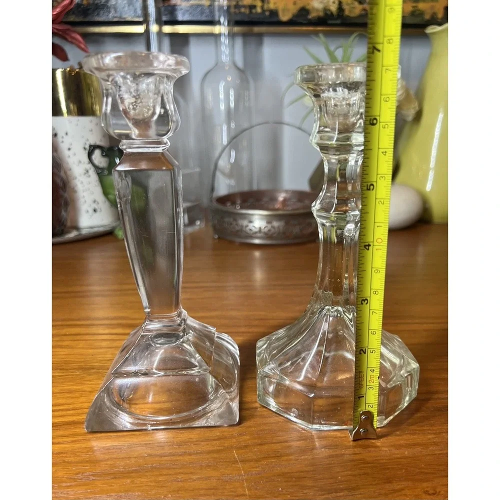 Vintage Art Deco Clear Crystal Candlestick Holders Faceted Stepped Base 7